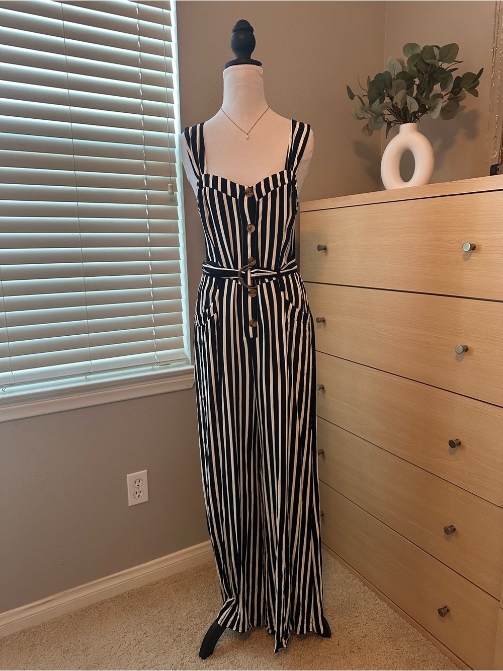 Free People Black and White Striped Sleeveless Jumpsuit with Waist Tie